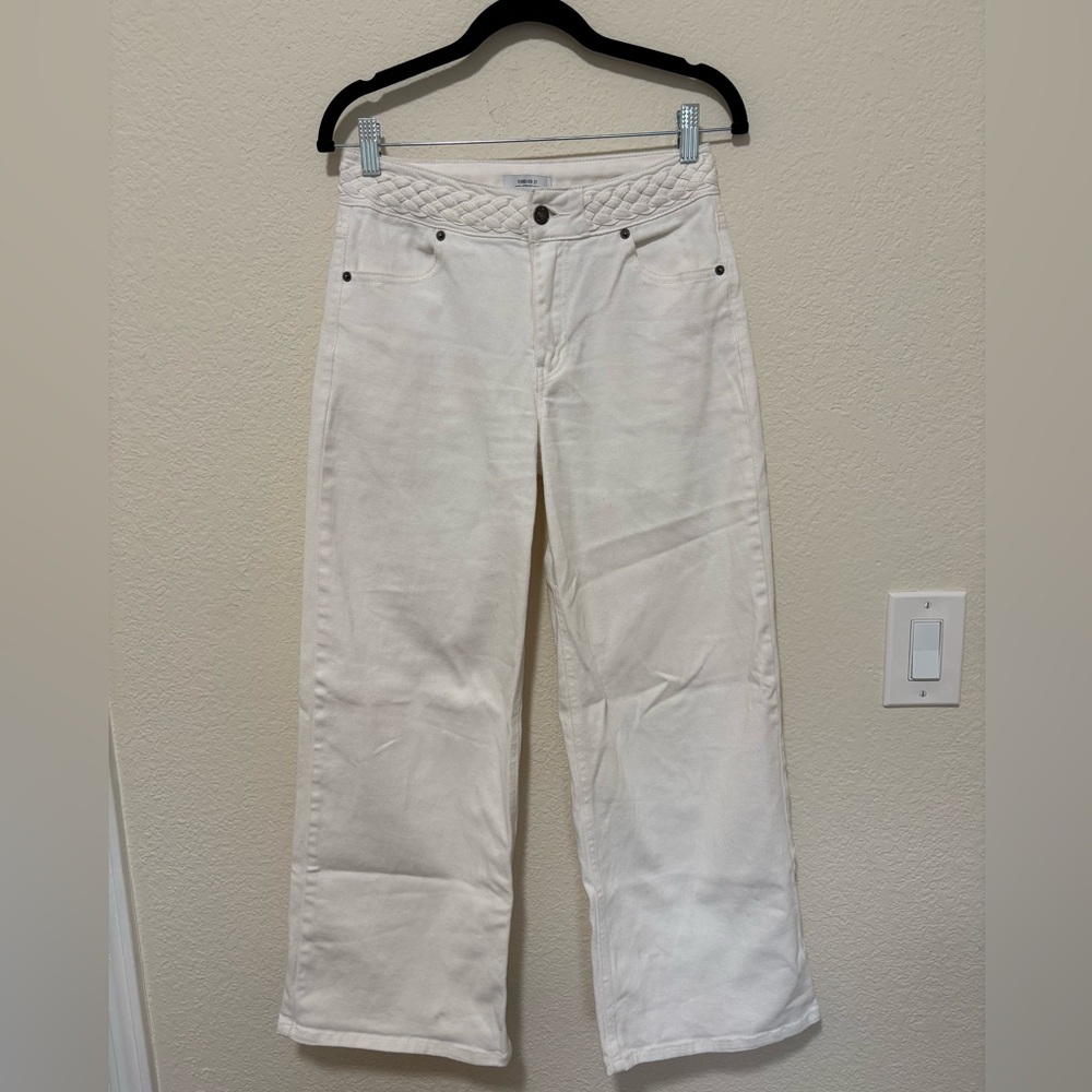 Forever 21 Cream High Waisted Wide-Leg Jeans
